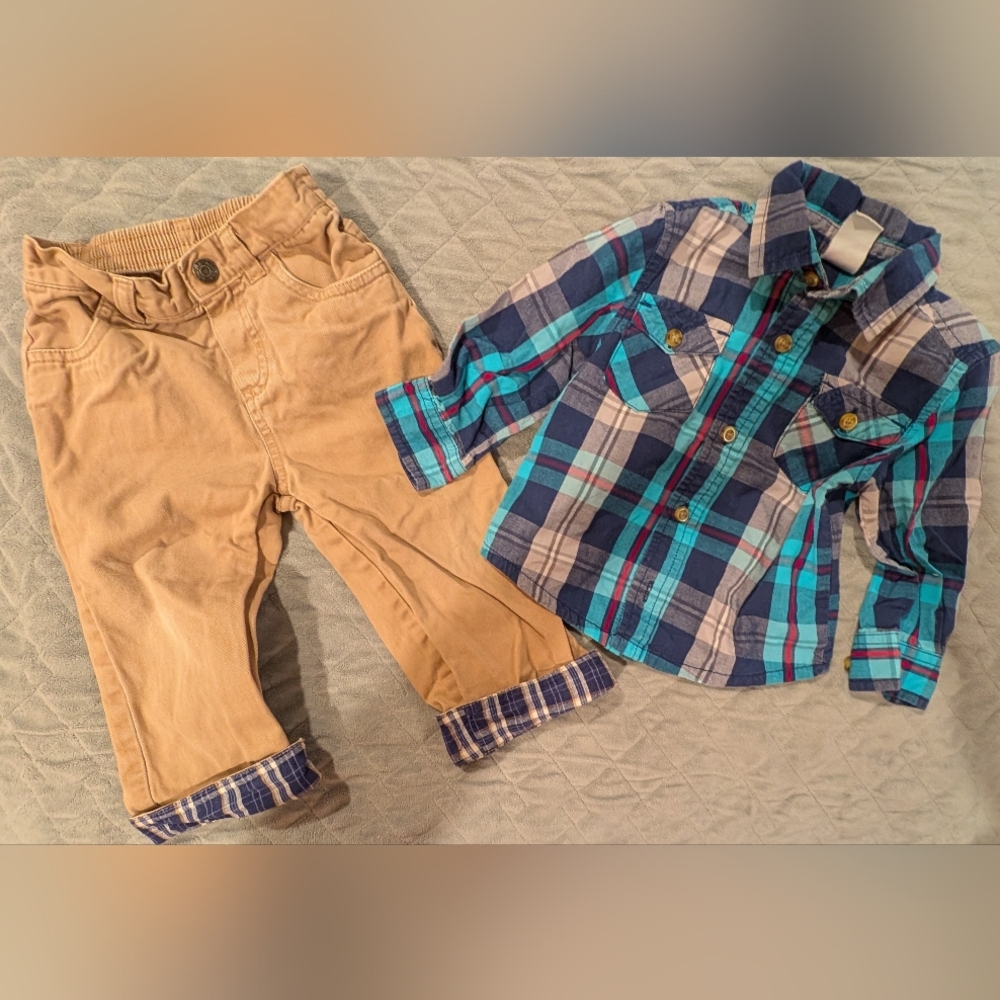 18M Plaid Blue and Kids Shirt and Tan Pants Set